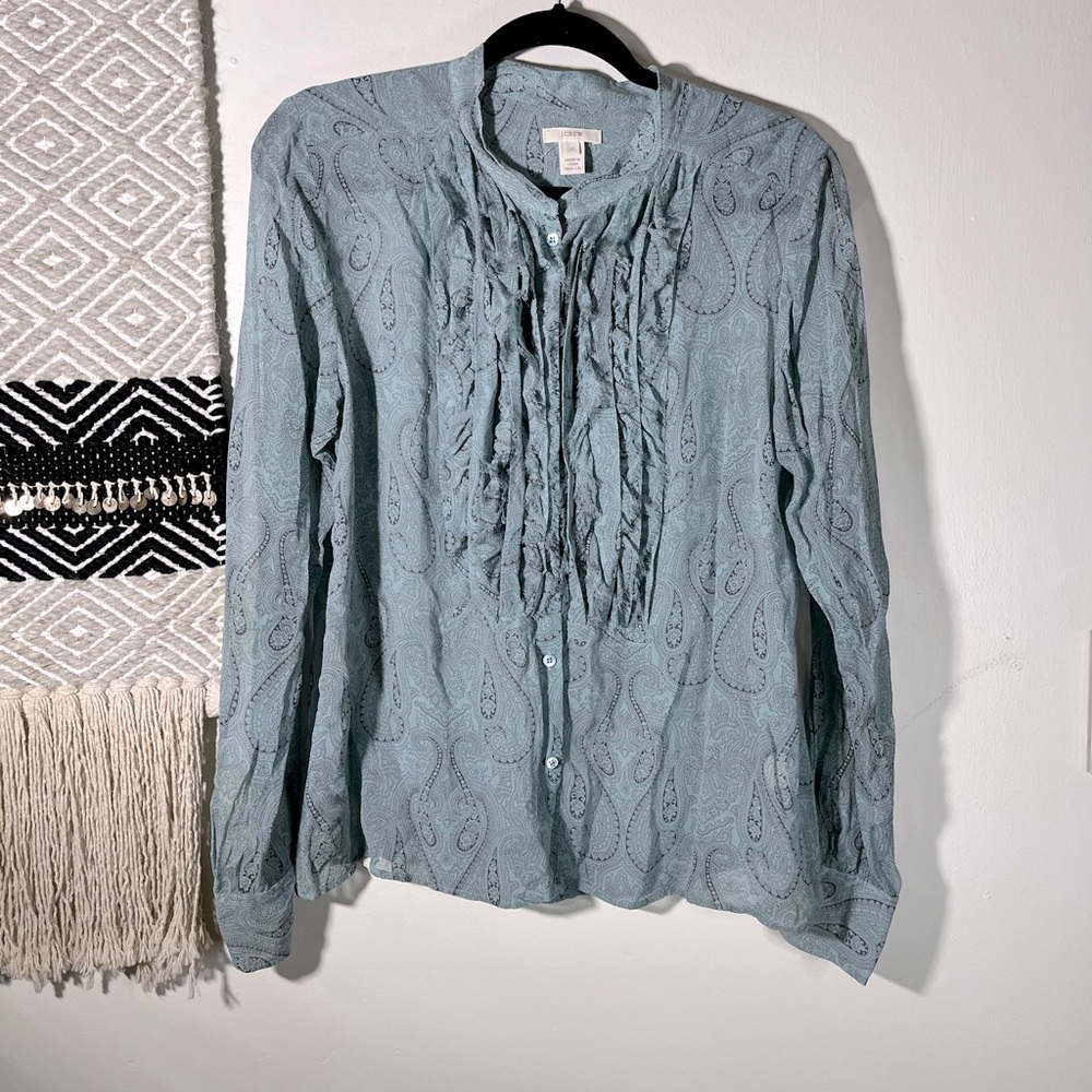J. Crew Light blue green Paisley Ruffle Front Blouse